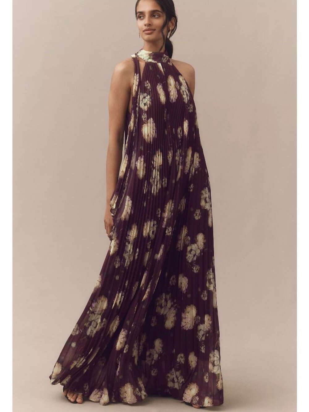 BHLDN Rosie Mock Neck Pleated Chiffon Maxi Dress Fairy Whimsical Floral Womens S